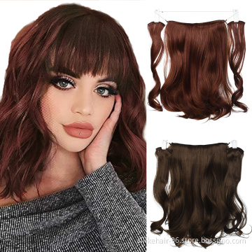 High Quality 18Inch Soft Black Brown Wavy Long 9 Clips Piece Invisible Wire Three Hairpieces Fish Line Synthetic Hair Extensions